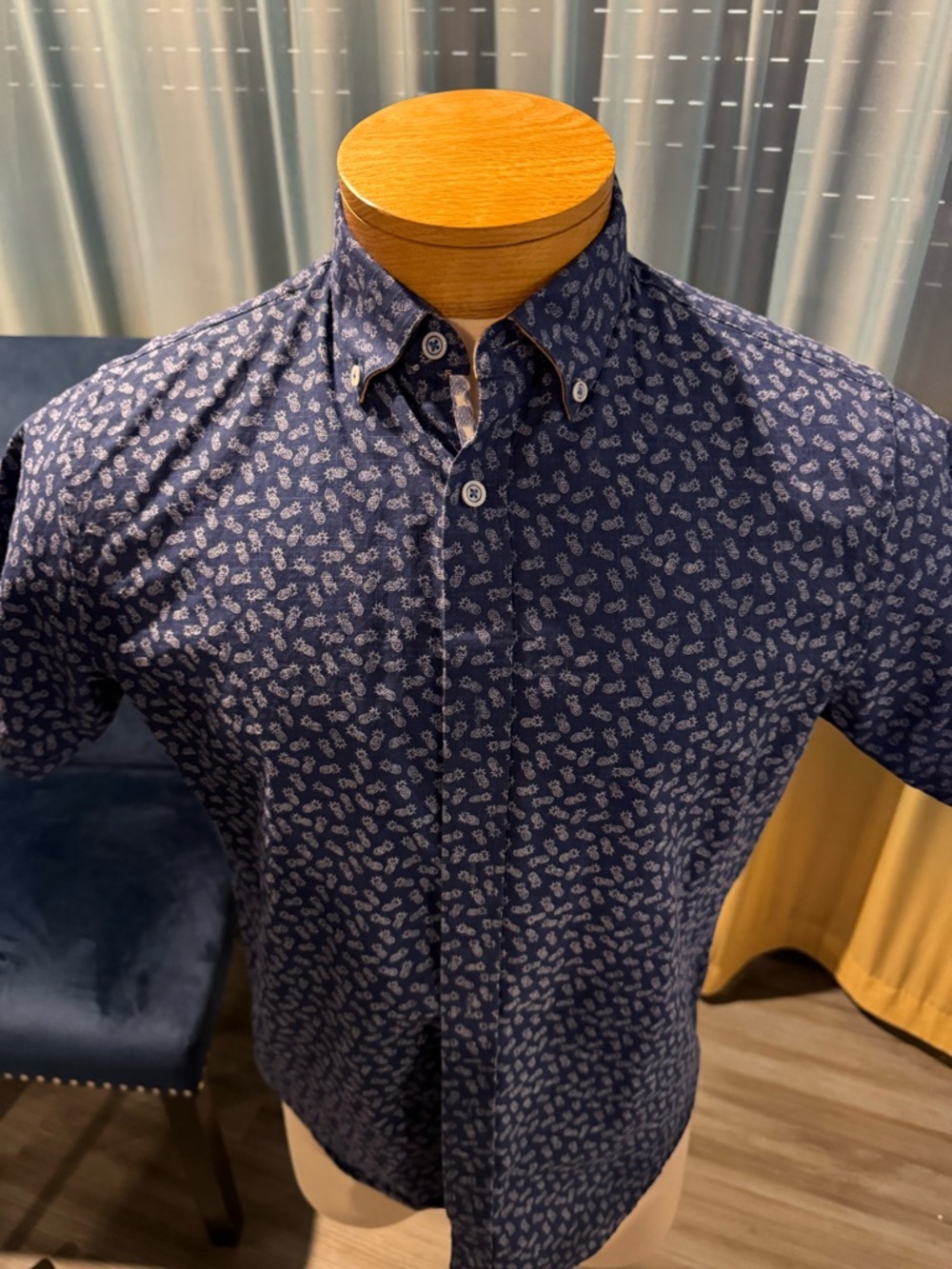 Men's Navy Button-Down Short Sleeve Shirt with Micro Paisley Print